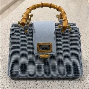 Lilly Pulitzer Light Blue Woven Satchel with Bamboo Handle